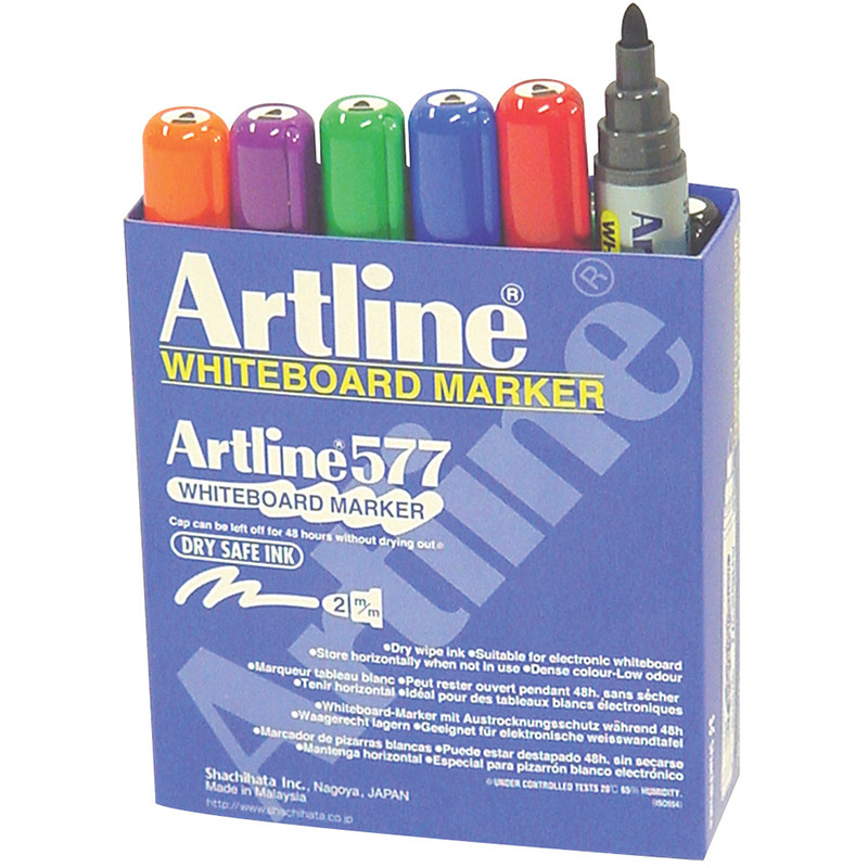 Artline 577 Bullet Whiteboard Marker - Assorted Colours 6pk
