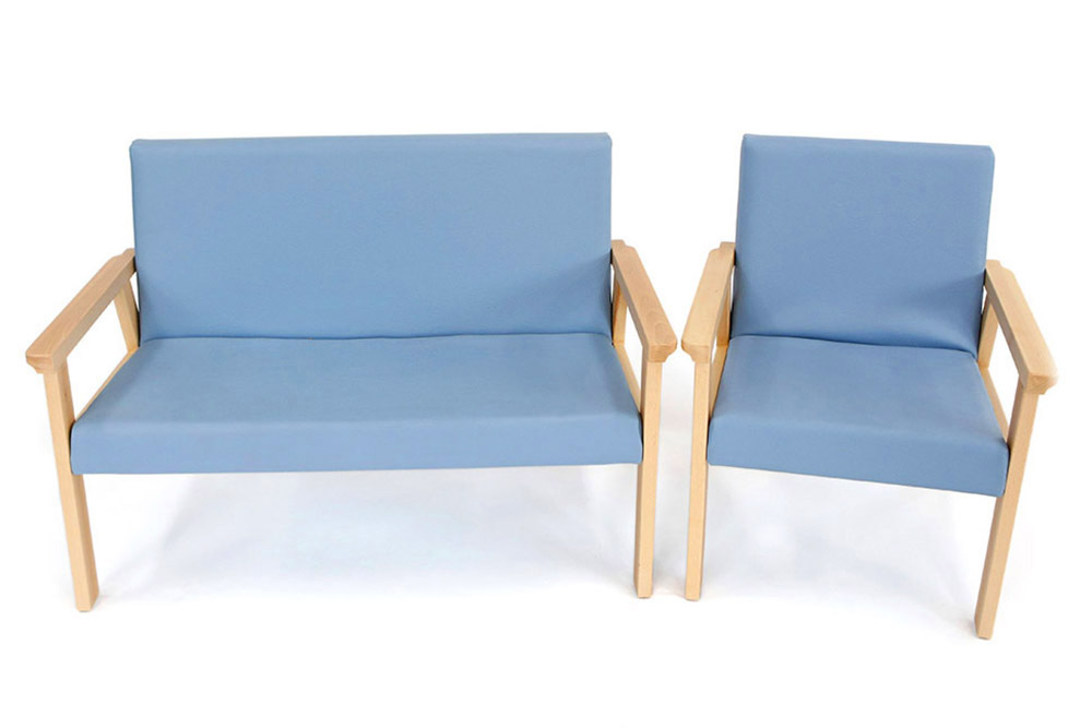 Lounge Set 2 Piece - Beech wood frame with Faux Leather Cushions - Blue