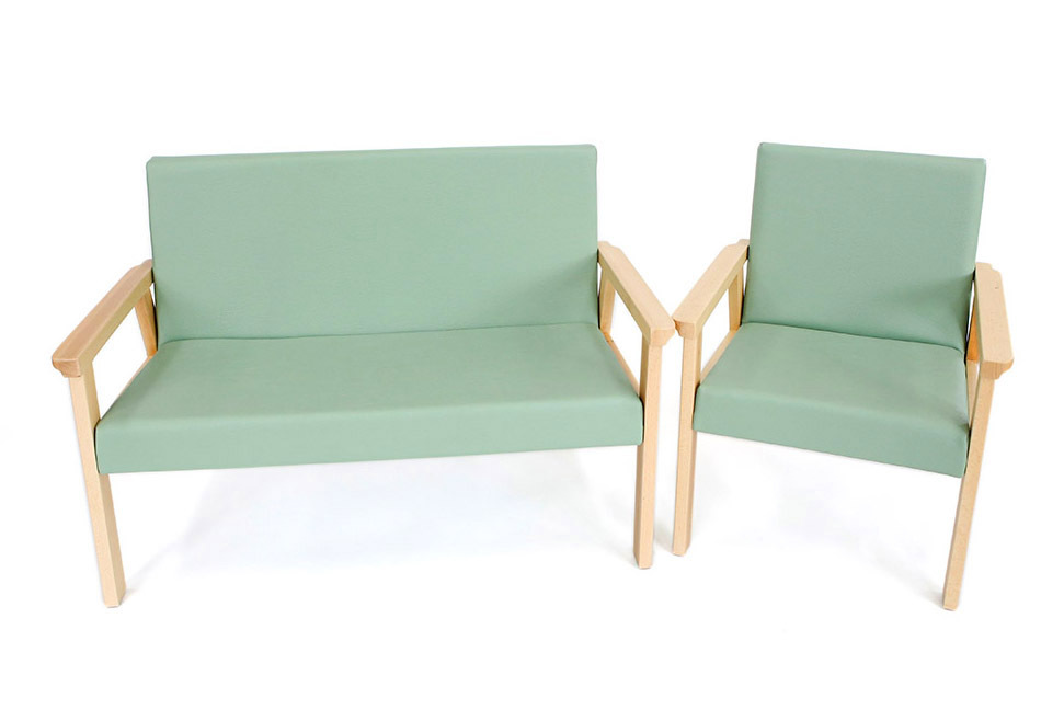 Lounge Set 2 Piece - Beech wood frame with Faux Leather Cushions - Green