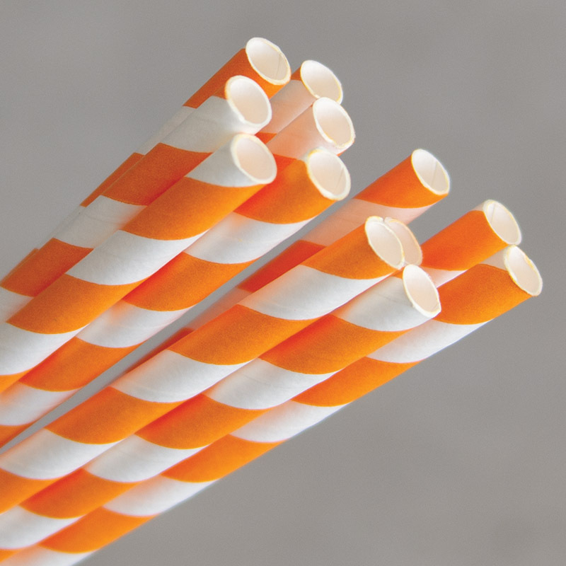 Paper Straws 200mm - Orange & White Stripes 250pk