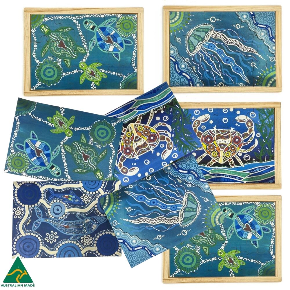 Aboriginal Art Sea Creatures Dreaming Puzzle Set of 4 with Posters