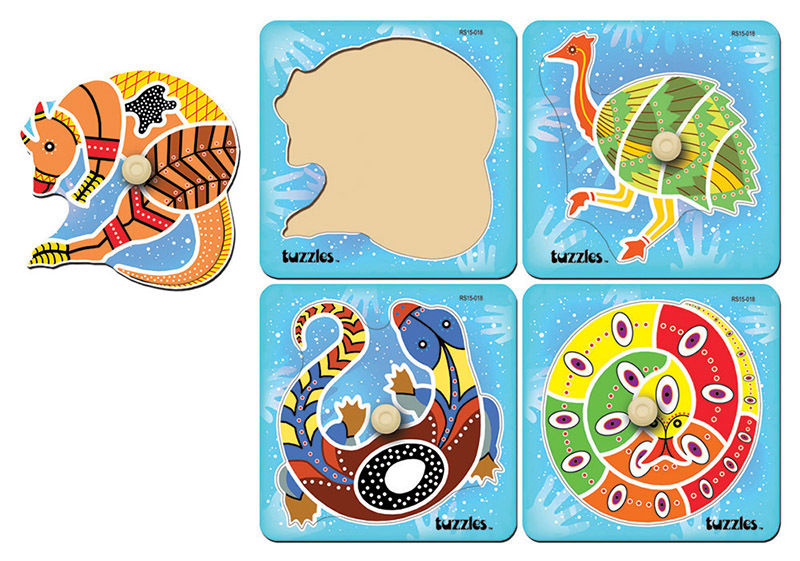 Tuzzles Aboriginal Art Knob One Piece Puzzles - Set of 4