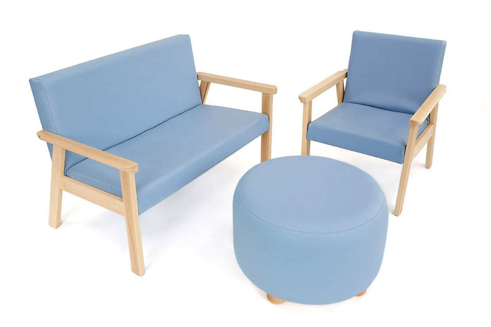 Lounge Set 3 Piece - Beech wood frame with Faux Leather Cushions - Blue