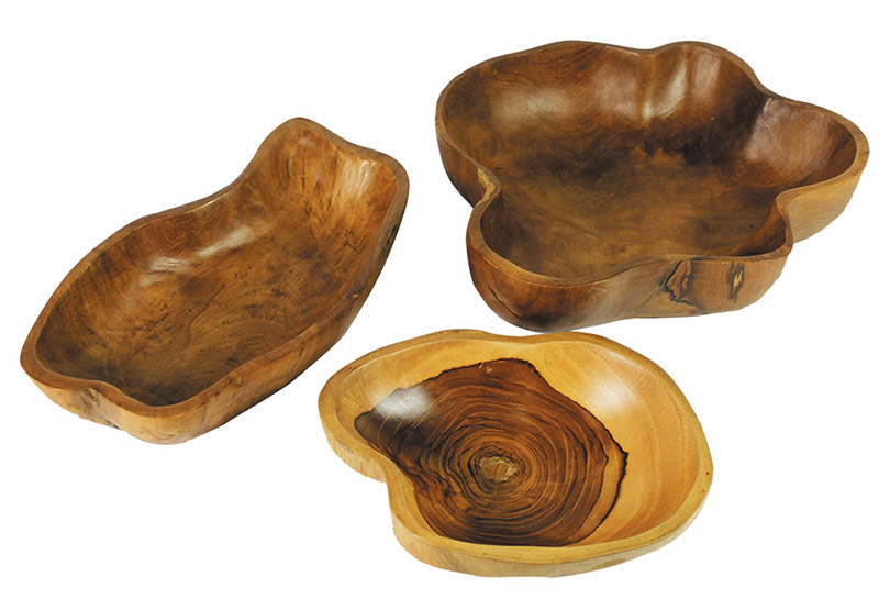 Natural Teak Hand Carved Wooden Round Bowls - 3pcs