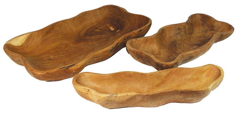 Natural Teak Hand Carved Wooden Long Bowls - 3pcs