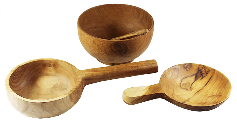 Natural Teak Bowl & Scoops/Cookware - 4pcs