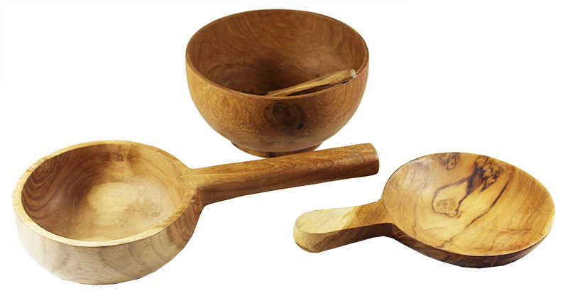 Papoose Natural Teak Bowl & Scoops/Cookware - 4pcs