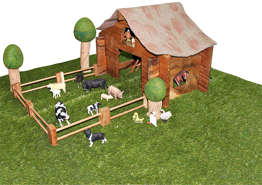 Papoose Wooden Barn House, Trees & CollectA Farm Animals Set - 29pcs