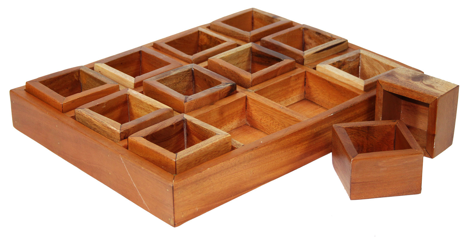 Mahogany Sorting Tray - 12 Compartments & Boxes