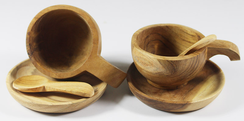Wooden Cup & Saucers - Set of 2