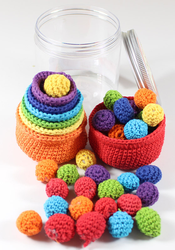 *Rainbow Crochet Sorting Bowls & Balls Set - In Portable Play Jar