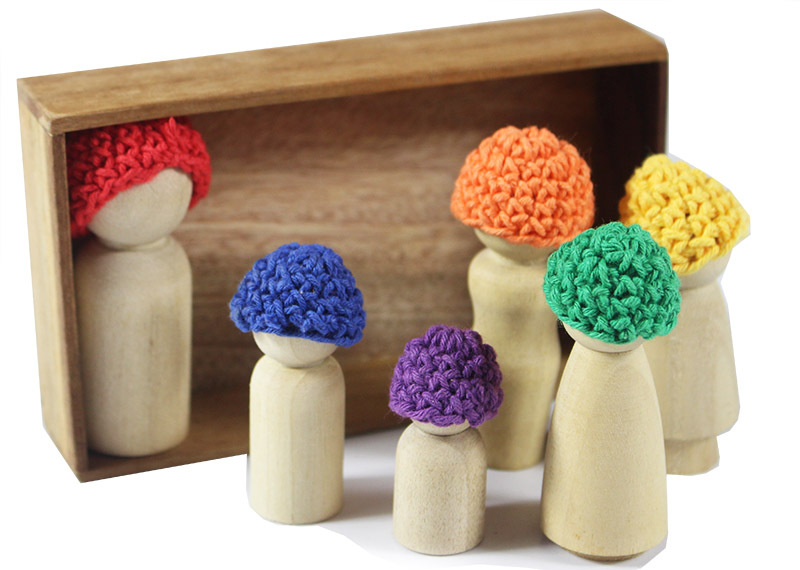 Wooden/Crochet Peg Doll Family - Rainbow Set of 6