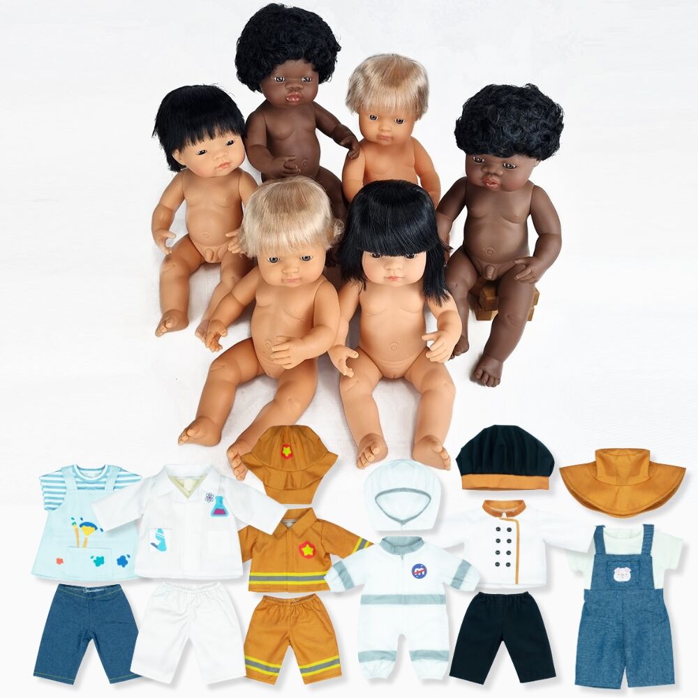 Baby Dolls & Professional Clothes 38cm - Set of 6 (3 Boys & 3 Girls)