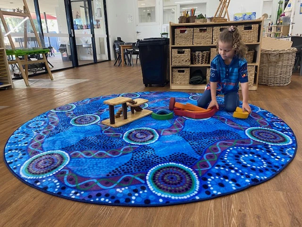 Emro Indigenous Designed Round Rug Waterways 2m Designs Emro Indigenous Designed Round Rug, Colourful Round Rugs Australia